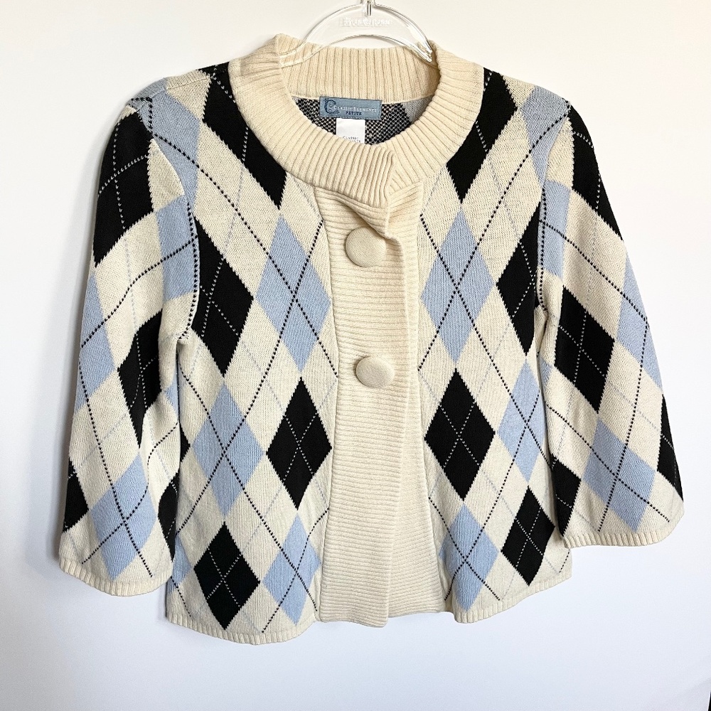 Womens Petite Small Blue White Argyle Cardigan Button Front Knit Sweater